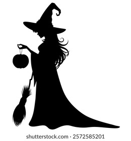 Silhouette witch and her accessories graphic design for Halloween. Vector illustration on white background.