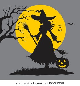 Silhouette of a witch holding a broomstick, standing on the grass, with bats flying behind her on a full moon night.