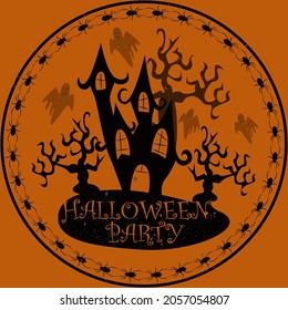 Silhouette of a witch house, crooked trees, spiders and ghosts. Orange background, stamp for Halloween. Vector illustration