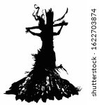 The silhouette of a witch with long hair and ragged clothes, burned at the stake, crucified on the cross. 2D illustration