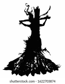 The silhouette of a witch with long hair and ragged clothes, burned at the stake, crucified on the cross. 2D illustration