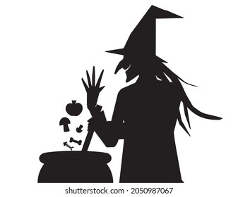 Silhouette of witch making potion with cauldron vector version