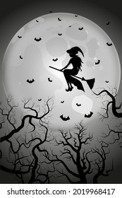 Silhouette of a witch on the background of the moon and trees