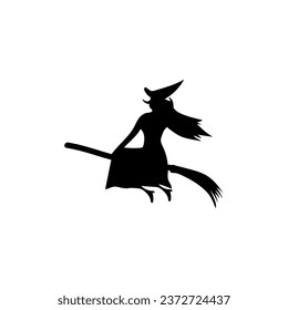 Silhouette of witch on broom against white background