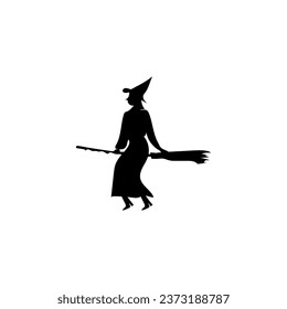 Silhouette of witch on broom against white background