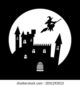 Silhouette of a witch on a broom and castle against the background of a full moon.