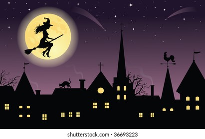 Silhouette of a witch on a broom flying over a town. Full moon and stars on the background.