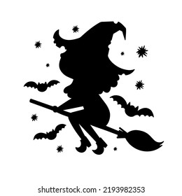 Silhouette of a witch on a broom. Halloween illustration. The witch and the bats. Kids Halloween party. Silhouette of the doodle witch