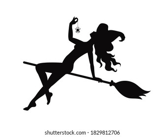 Silhouette of a witch on a broom holding a spider on a web in her hand. Black isolated funny Halloween vector illustration on white background