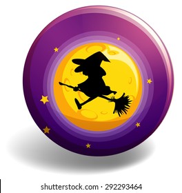 Silhouette witch on broom stick flying over the moon