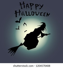 Silhouette of a witch on a broomstick on the background of the moon. Vector illustration