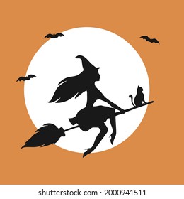 Silhouette of a witch on a broomstick with a cat on the background of the full moon