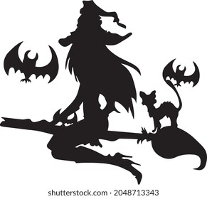 Silhouette of a witch on a broomstick with a cat and bats.