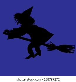 Silhouette of witch on a broomstick. Halloween vector illustration.