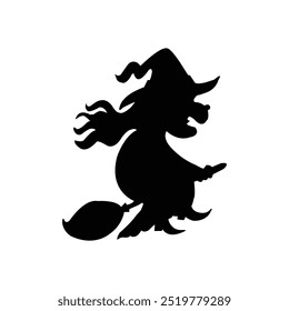 Silhouette of a witch on a broomstick, Halloween witch isolated on white background