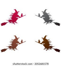 Silhouette Of Witch On Broomstick Vector Illustration. Witch Riding The Broom Isolated On A White Background
