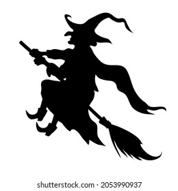 Silhouette of a witch on a broomstick. Vector illustration in cartoon style on a white background.