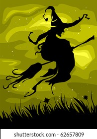 Silhouette of a Witch on Her Flying Broomstick Against a Yellowish Background