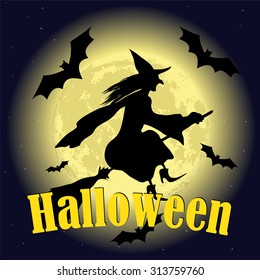 Silhouette of a witch on a moon background.