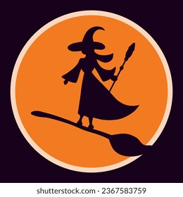 Silhouette of a witch on an orange background. A witch on a broom. Halloween vector illustration of a flying witch.