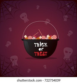 Silhouette Witch Pot With Potion And Skull Happy Halloween Banner Holiday Decoration Horror Party Greeting Card Flat Vector Illustration
