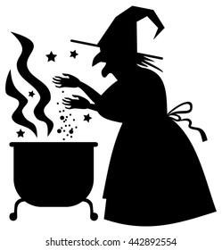 Silhouette of a witch preparing potion in the magic cauldron. Vector clip art.