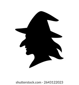 Silhouette of a witch in profile wearing a pointed hat. Minimalist black vector illustration perfect for Halloween designs, posters, stickers, decals, and magical themed projects.