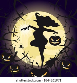 Silhouette of a witch with pumpkin and gift. Fuii moon, trees and pumpkins on the background. Vector illustration.