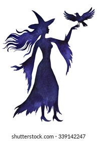  Silhouette of witch with raven, watercolor hand paint vector illustration