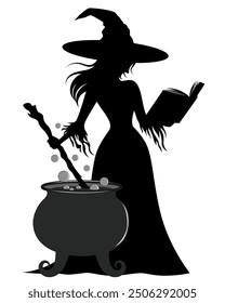 Silhouette witch is reading a book of spell while cooking her magic water in grey pot. Vectoer illustration for Halloween.