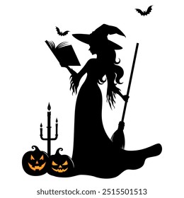 Silhouette Witch reading a magic book. Candlestick and evil pumpking on the ground and two bat flying above.