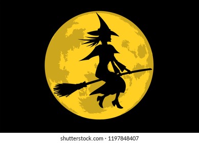Silhouette of a witch riding a broom in front of the moon