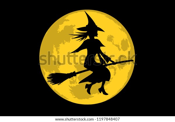 Silhouette Witch Riding Broom Front Moon Stock Vector Royalty Free 1197848407 Shutterstock 