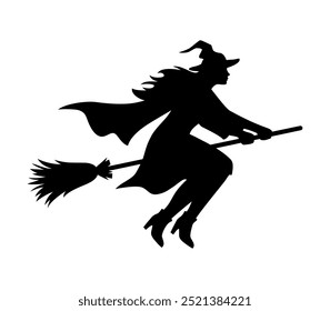 Silhouette of the witch riding a broom. Halloween vector illustration.