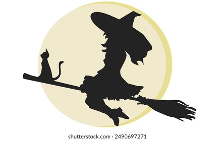 silhouette of a witch riding a broomstick with a cat on a moon background. vector illustration