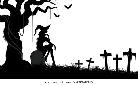 Silhouette Hexe sitzt auf Grabstein unter gruseligen Baum auf Friedhof zwei Fledermäuse fliegen über. Vektorgrafik für Halloween.