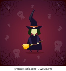 Silhouette Witch Skull Happy Halloween Banner Holiday Decoration Horror Party Greeting Card Flat Vector Illustration