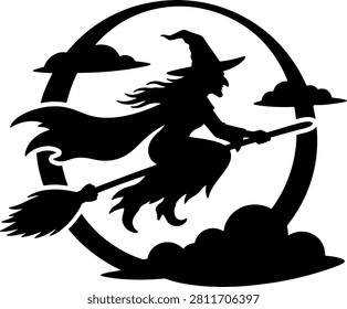 Silhouette of witch soaring on broomstick against luminous moon, surrounded by wispy clouds. Mysterious nocturnal scene, ideal for Halloween decorations and themes. Witchcraft and enchantment.
