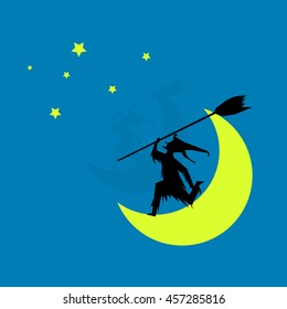 Silhouette witch stand on  moon and use magical broom catching the star in halloween festival