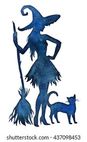 Silhouette of witch standing with  broom  and cat, watercolor hand paint vector illustration