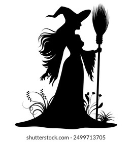 Silhouette Witch waits for something, beautiful weed on the ground. Vector illustrations.