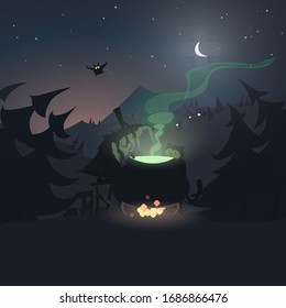 Silhouette of a witch who is cooking a potion in a cauldron. Vector illustration in cartoon style.