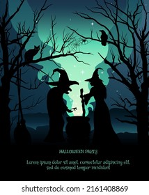 Silhouette of a Witches Making a Potion in cauldron. Halloween party concept.