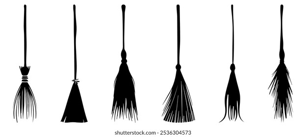 Silhouette of witch's brooms icons. Vector illustration isolated on white background
