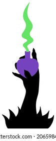 Silhouette of a witch's hand and a bottle with a love potion. A vessel in the shape of a purple heart. Magic green pairs come out of the bubble. Long fingers with sharp nails burst out from the thicke