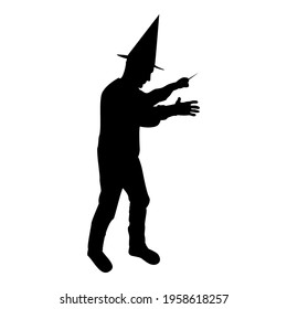 Silhouette wizard holds magic wand trick waving sorcery concept magician sorcerer fantasy person warlock man in robe with magical stick witchcraft in hat mantle mage conjure mystery idea enchantment 