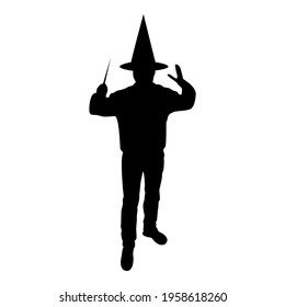 Silhouette wizard holds magic wand trick waving sorcery concept magician sorcerer fantasy person warlock man in robe with magical stick witchcraft in hat mantle mage conjure mystery idea enchantment 