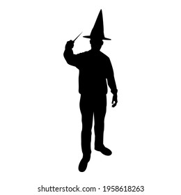 Silhouette wizard holds magic wand trick waving sorcery concept magician sorcerer fantasy person warlock man in robe with magical stick witchcraft in hat mantle mage conjure mystery idea enchantment 