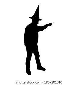 Silhouette of wizard holds and waves magic wand and performs trick. magician sorcery concept. sorcerer fantasy person warlock man in robe with magical stick witchcraft in hat mantle mage conjures. mystery enchantment idea 