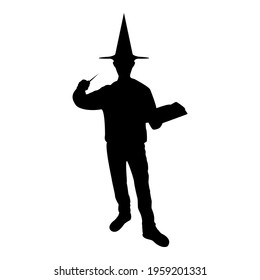 Silhouette wizard waving magic wand and holding book while performing trick. magician sorcery concept. sorcerer fantasy person.  warlock man in robe with magical stick. witchcraft in hat mantle mage conjures. mystery idea 